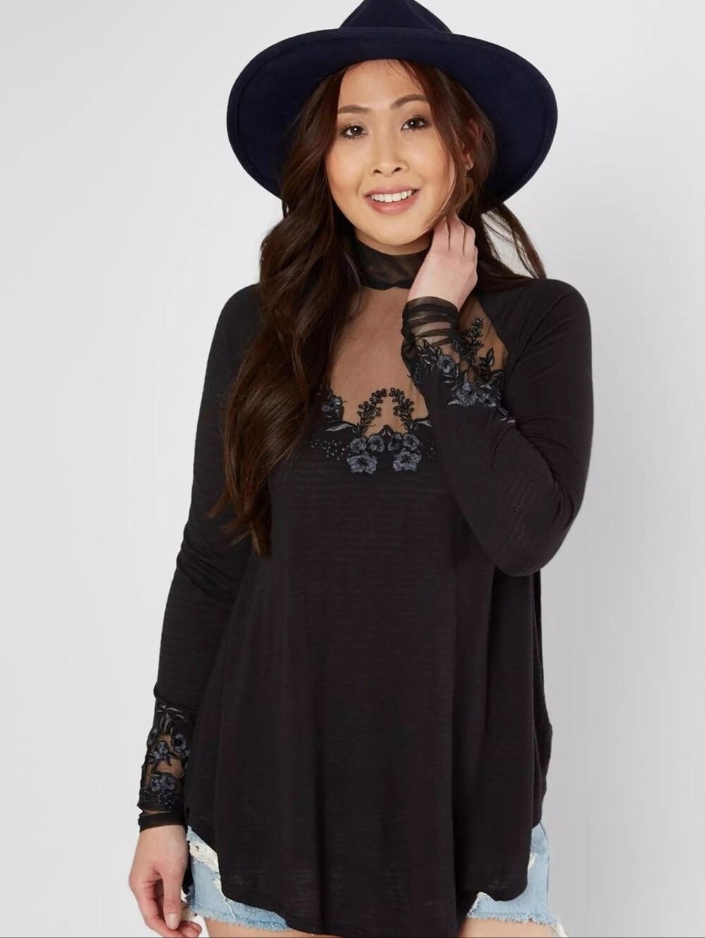Free People Saheli black embroidered mesh tunic top, size S Long sleeves